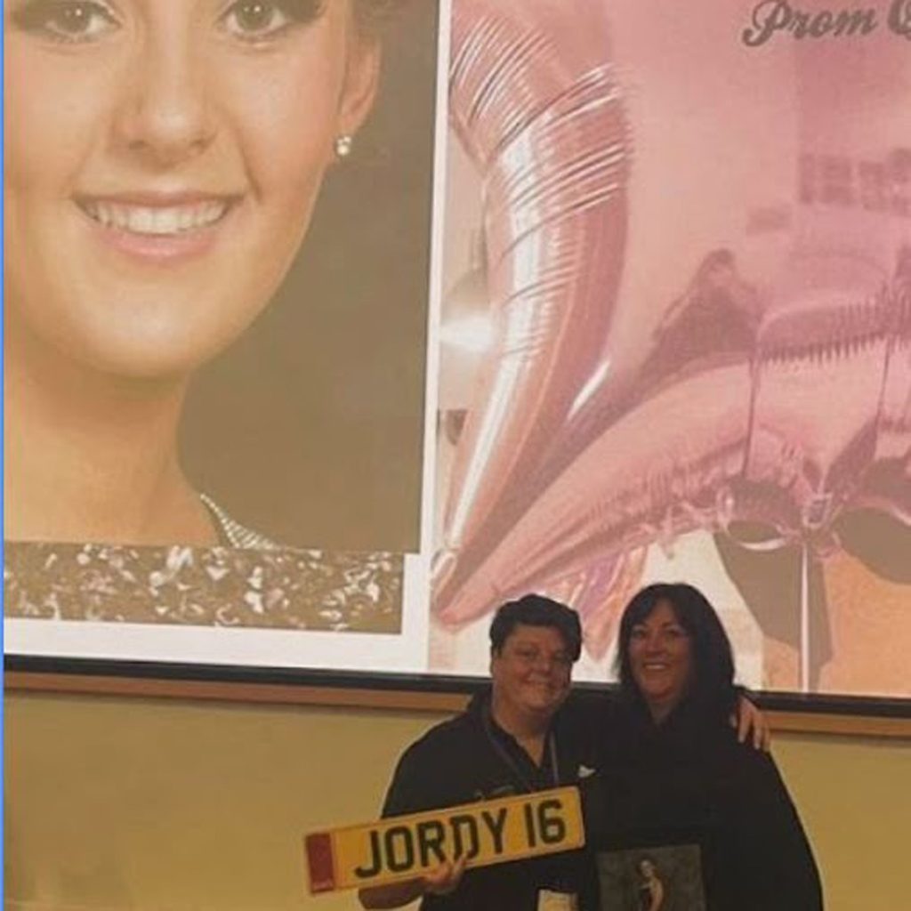 Vicki and Vicky with the JORDY 16 number plate at the Outwood Academy Adwick assembly